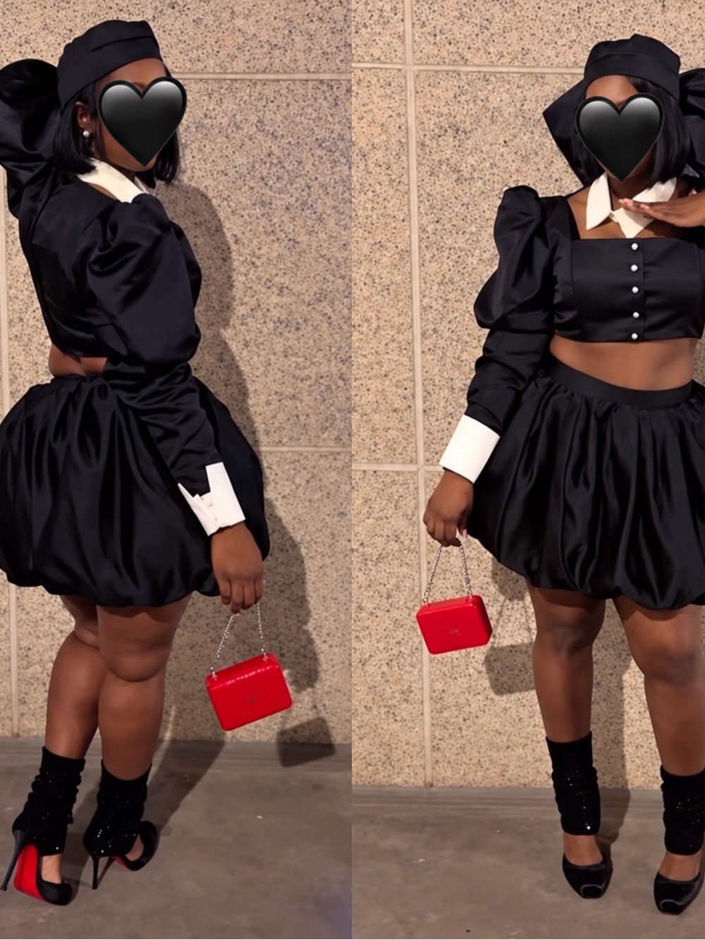 Club L London Black Puff Mini Skirt with cropped jacket, and bow tie styled hat.